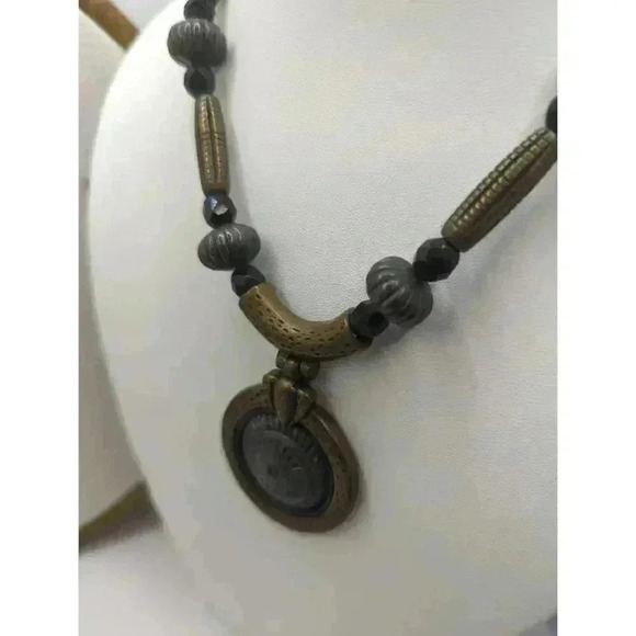Chicos Vintage Brown Beaded Necklace Pendant Textured Metal Black Bead Statement - Picture 1 of 5